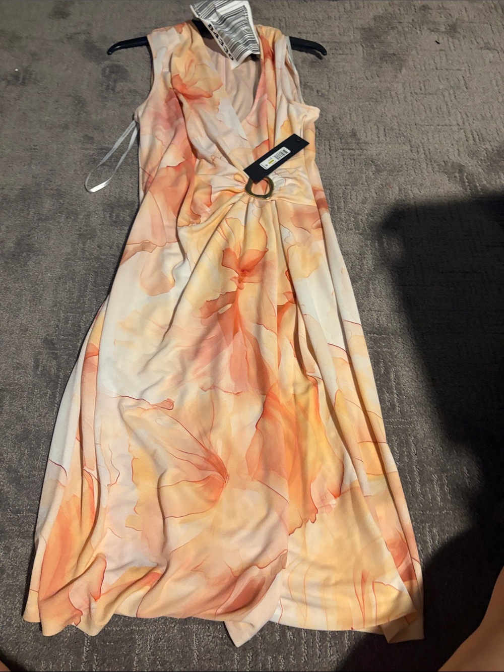 Donna Karan Peach and Apricot Watercolor Maxi Dress with Ring Detail